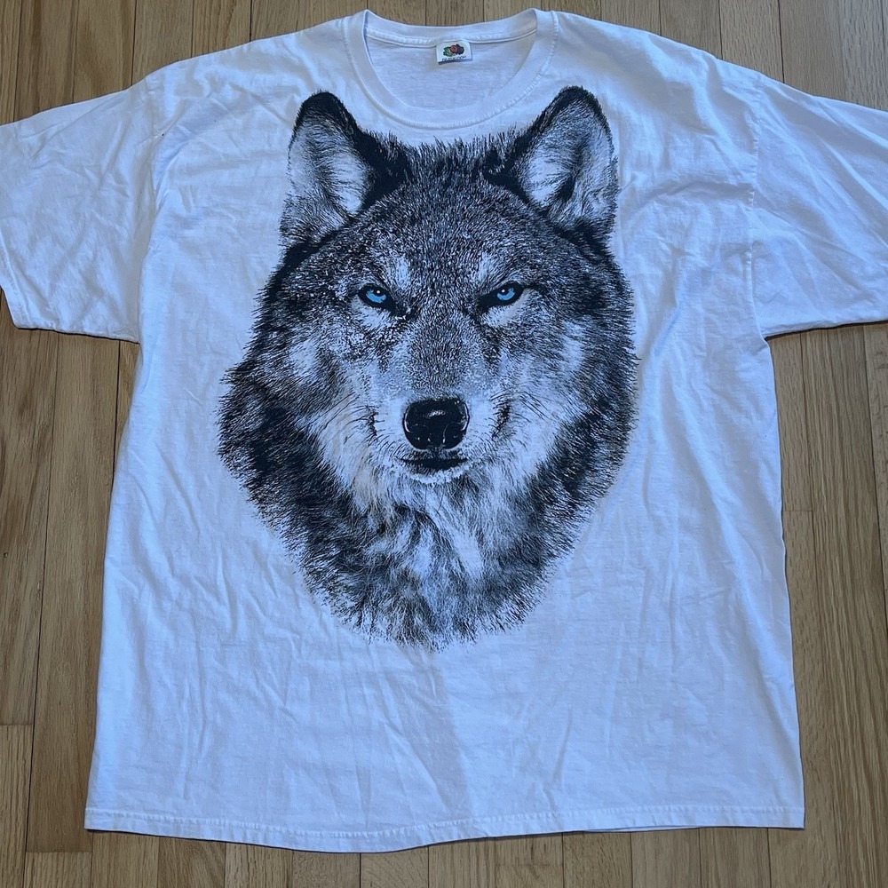 VTG Wolf Shirt AOP Big Face Graphic Tee Y2K Nature Mens XL Fruit Of Loom Tag‎